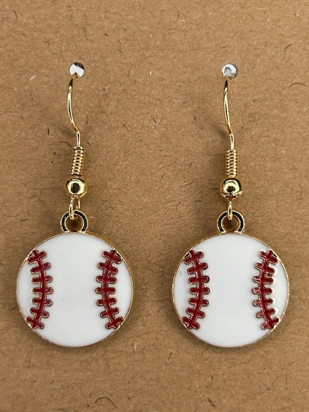 Gold Baseball Stitch White & Red Drop Earrings Fashion Jewelry